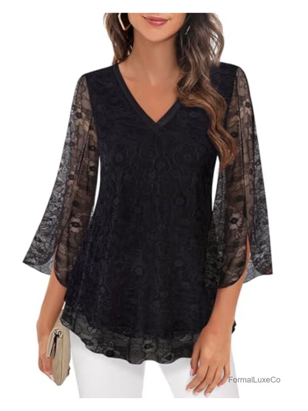 Women's 3/4 Sleeve Floral Lace Blouse V-Neck Tunic Top